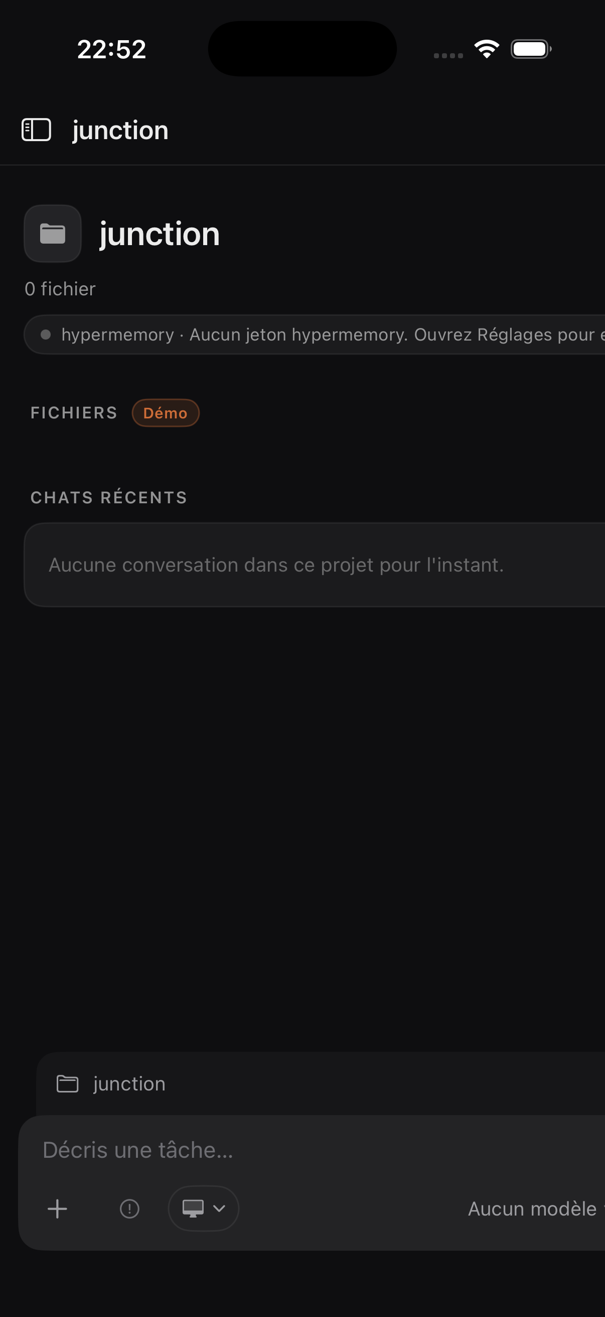 Capture d'écran de Junction — vue principale du chat agentique